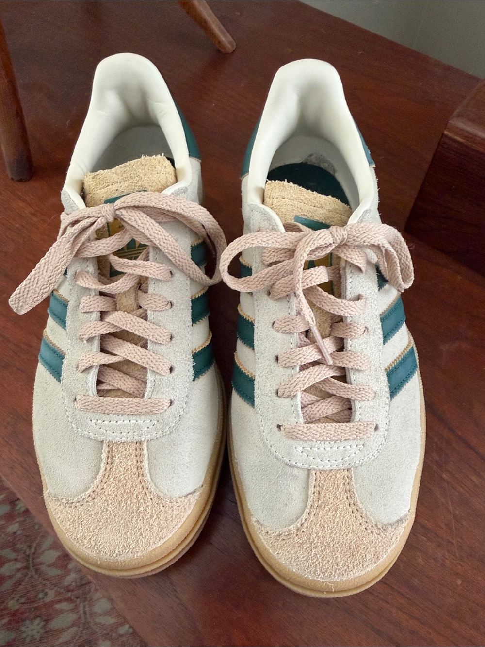 adidas Gazelle Women's Cream Suede Sneakers with Green Stripes and Tan Laces - Picture 5 of 5
